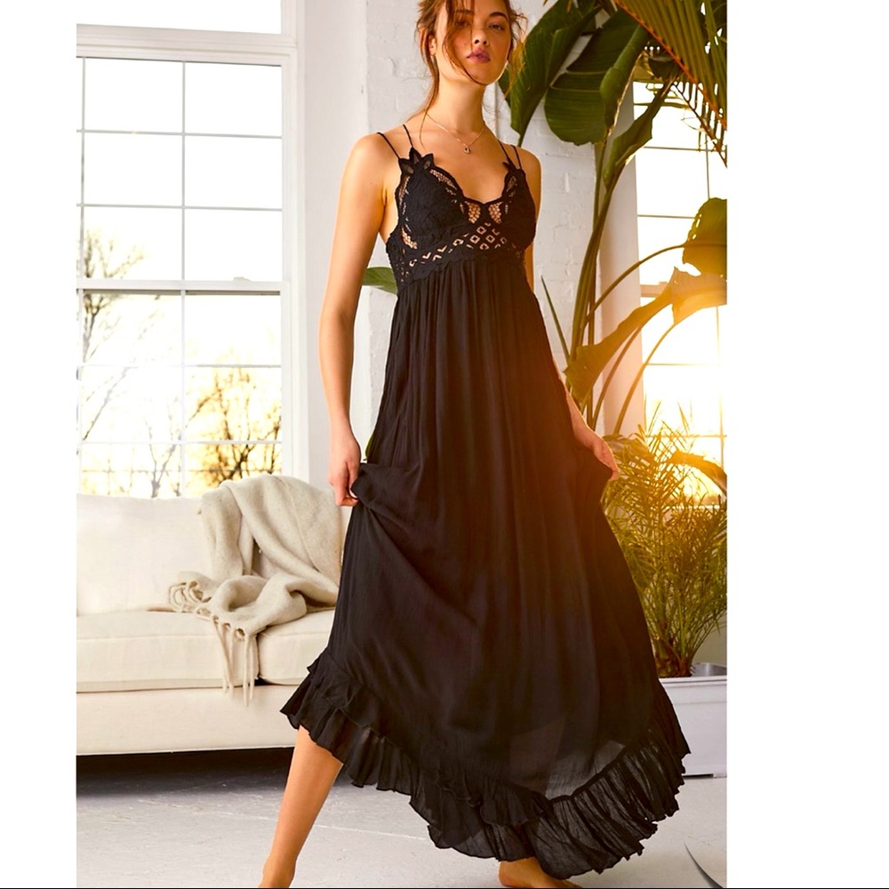 Free People Adella Maxi Slip Dress, Black Sz XS